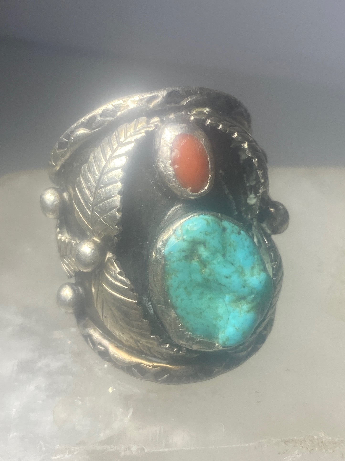 Turquoise coral Ring Navajo sterling silver women men