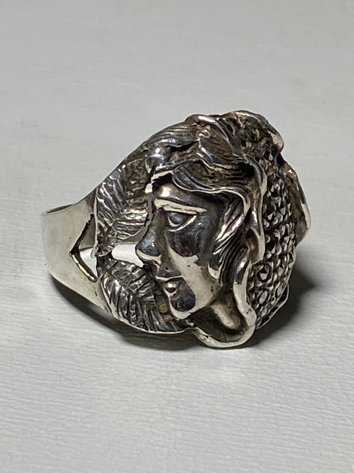 Lady face ring Art Nouveau Style marcasites sterling silver women girls