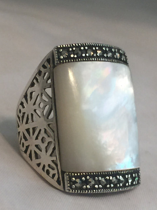 Large Mother of Pearl  Marcasites Ring Vintage Sterling Silver Size 7.5
