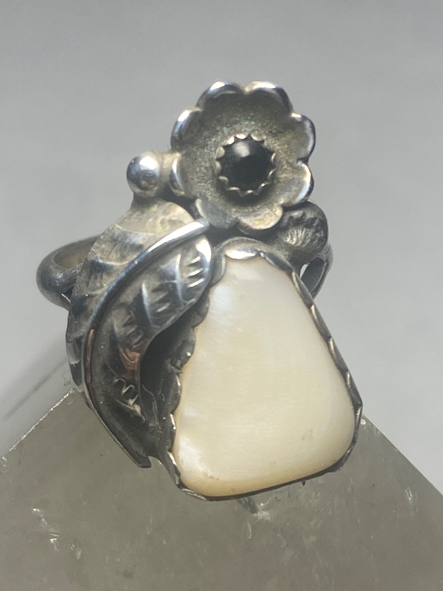Mother of Pearl ring leaf Navajo tribal southwest sterling silver