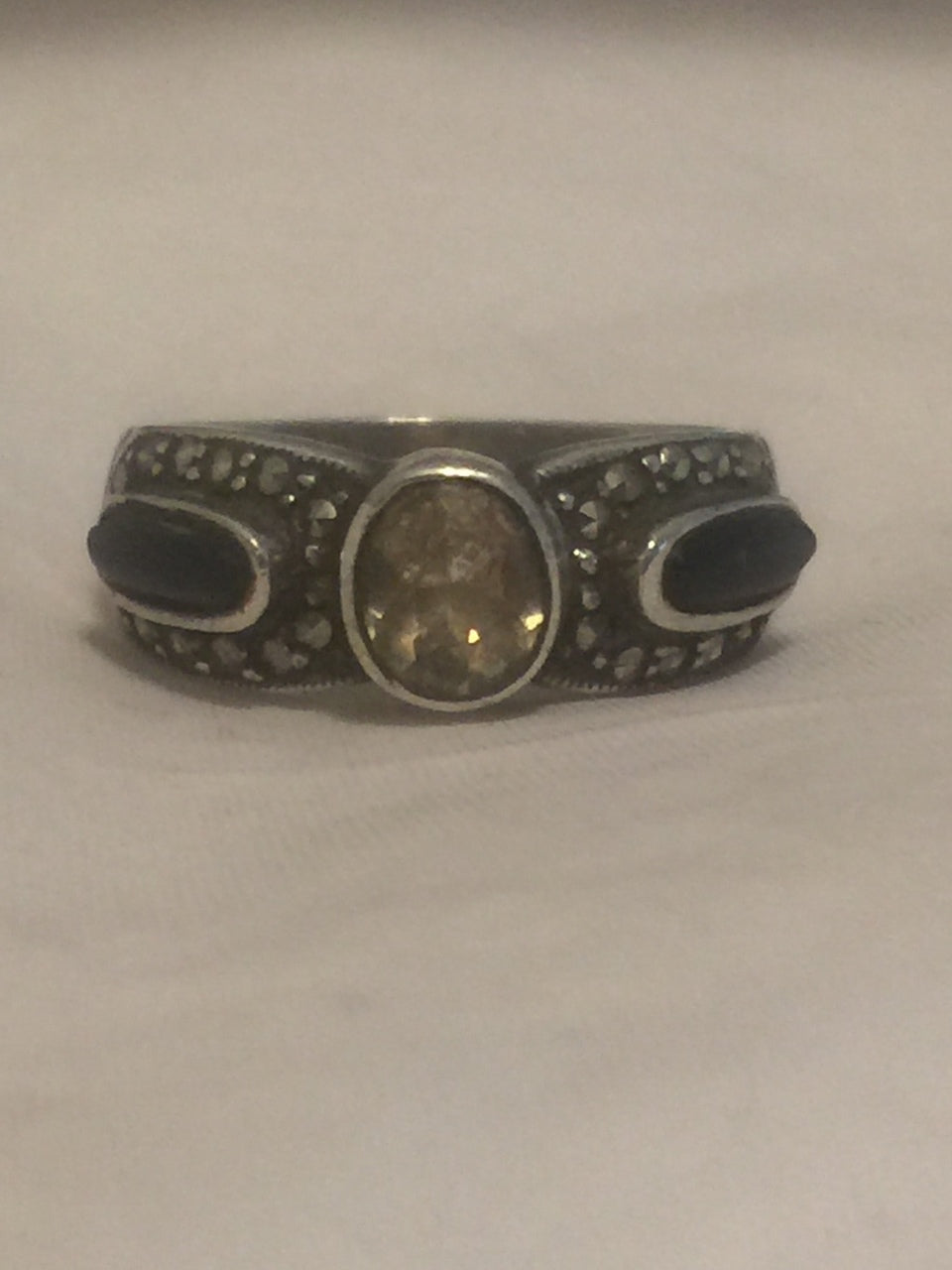 Vintage Sterling Silver Onyx CZ Marcasites Ring Size 7