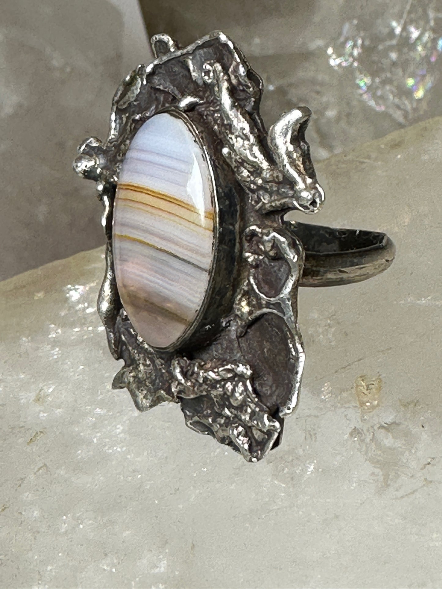 Agate ring size 6 Brutalist sterling silver women