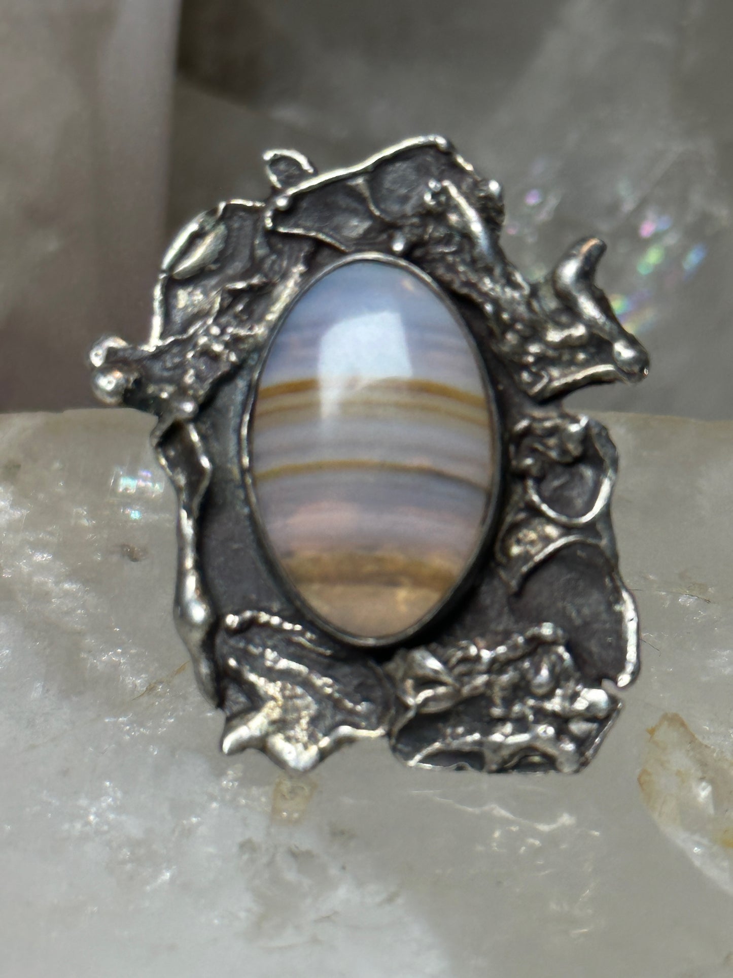 Agate ring size 6 Brutalist sterling silver women