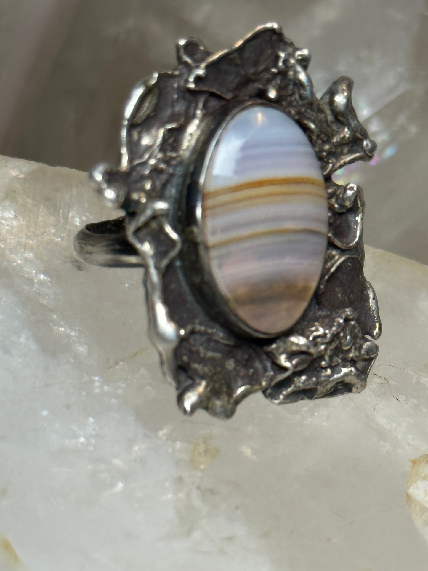 Agate ring size 6 Brutalist sterling silver women