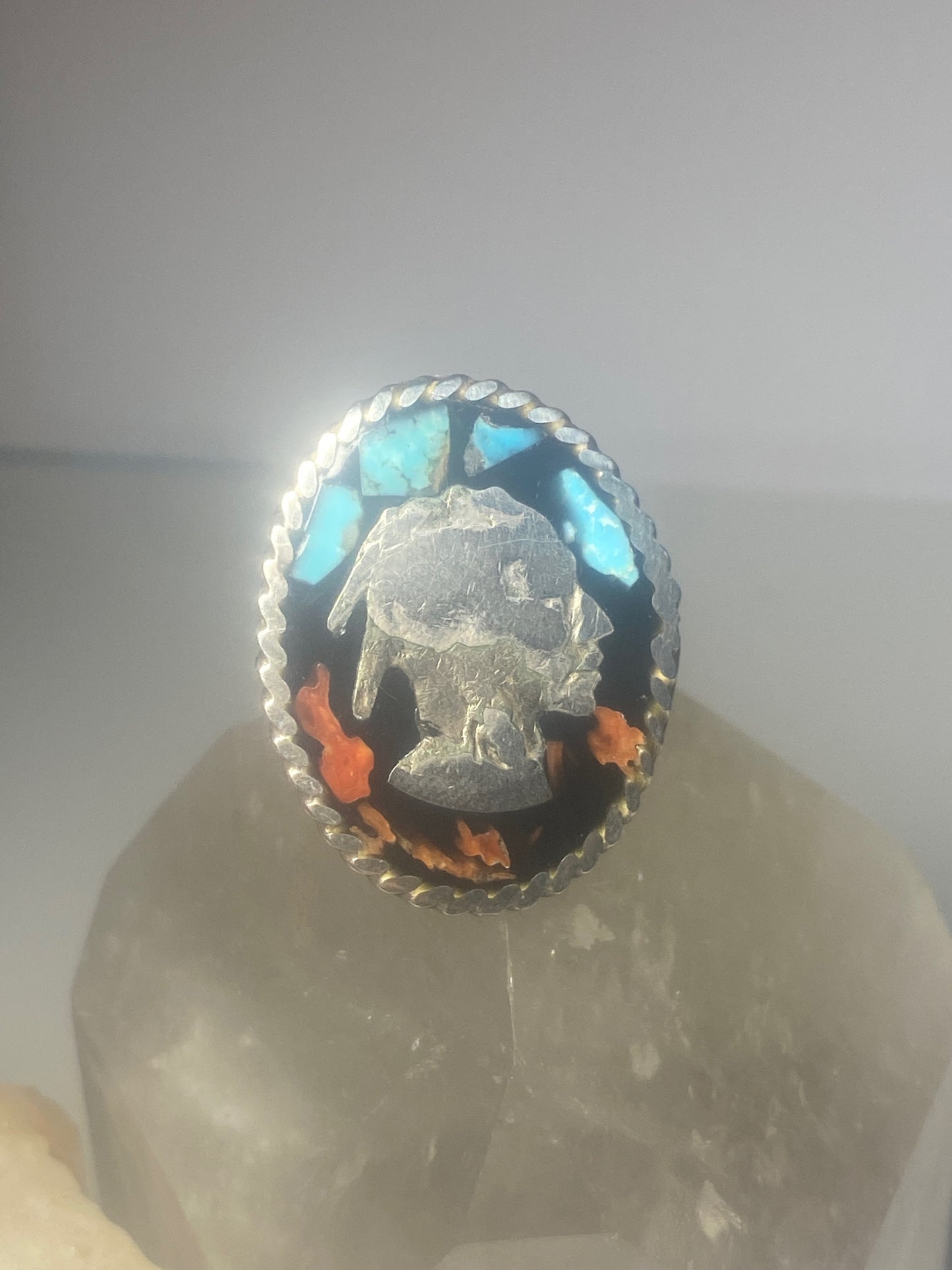 Native American head ring  turquoise coral southwestern ring sterling silver women girls