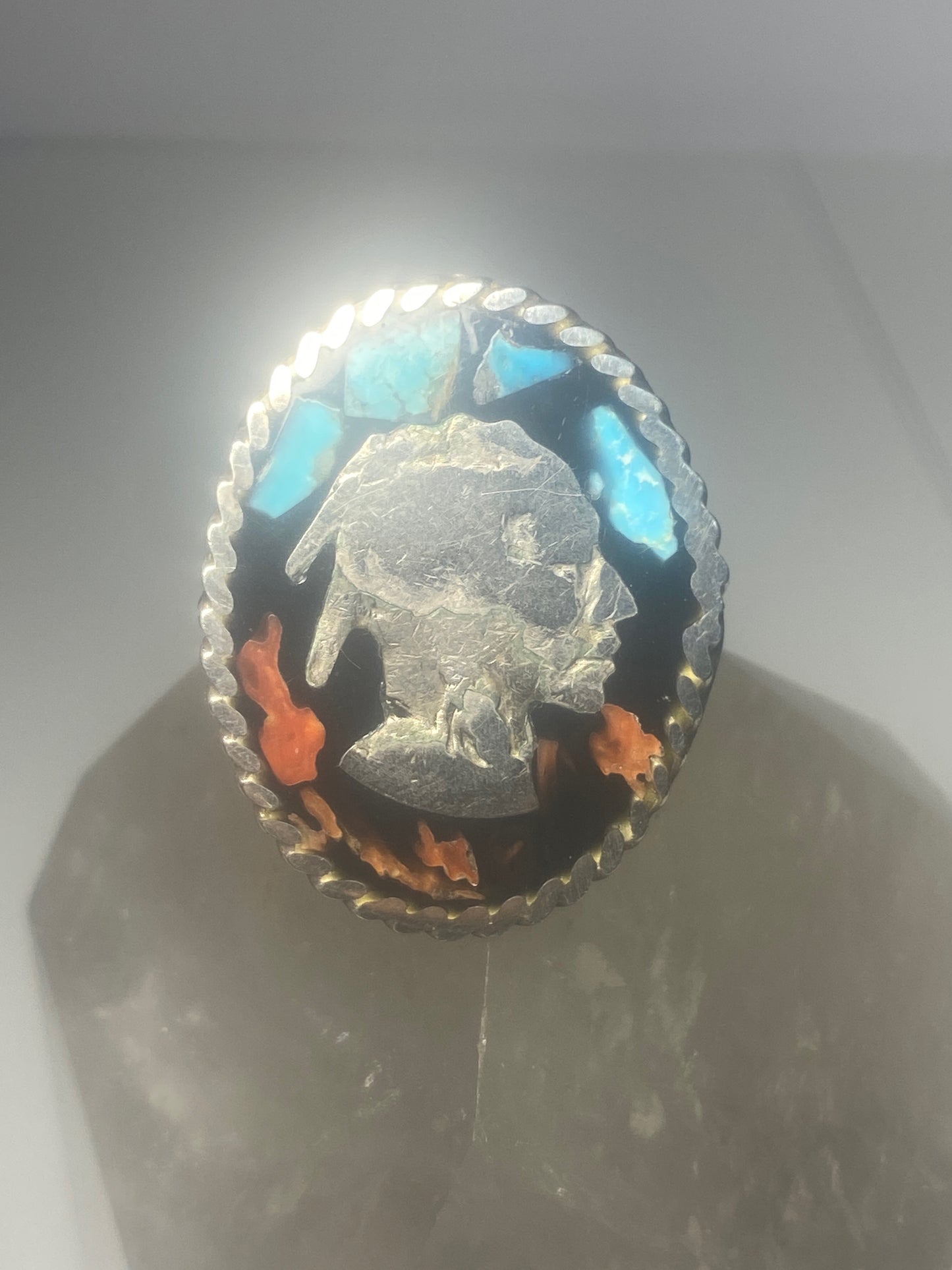 Native American head ring  turquoise coral southwestern ring sterling silver women girls