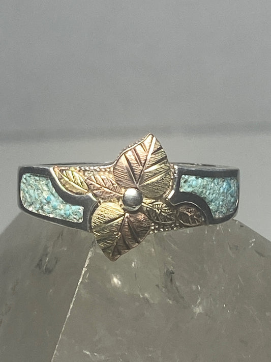 Black Hills Gold ring floral turquoise chips band sterling silver