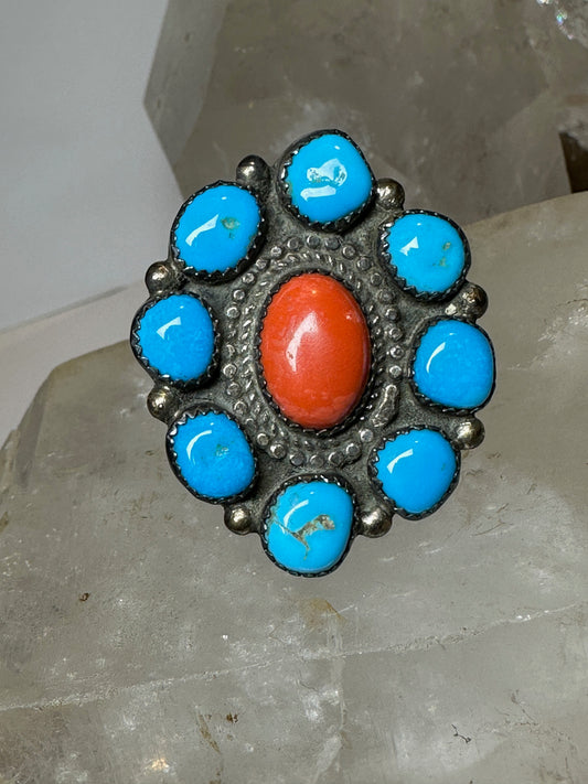 Turquoise ring size 8.25 coral Zuni  sterling silver women