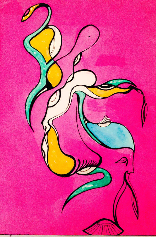 Original Quick Watercolor Sketch on Paper " Faces on Pink"