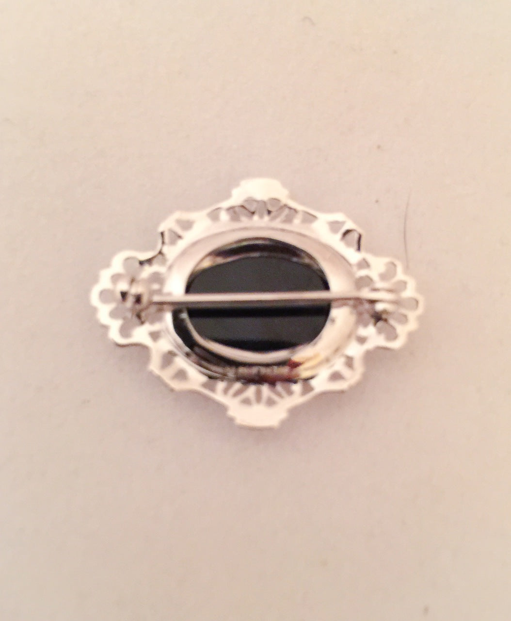 Onyx Pin Vintage Oval  Sterling Silver