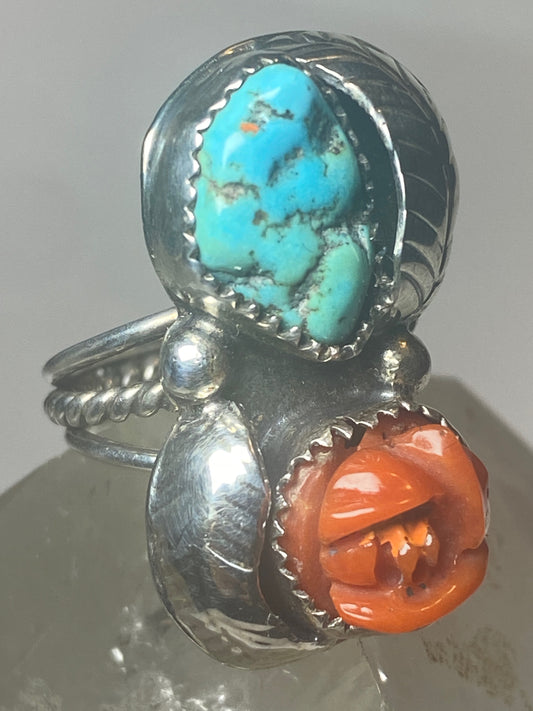 Turquoise ring coral rose Navajo band sterling silver women girls