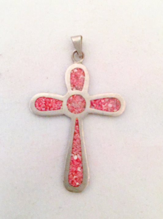 Cross Pendant with Coral Chips Vintage Sterling Silver