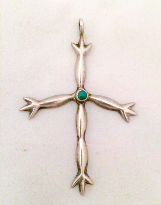 Vintage Navajo Sterling Silver Cross Pendant with Turquoise Sandcast