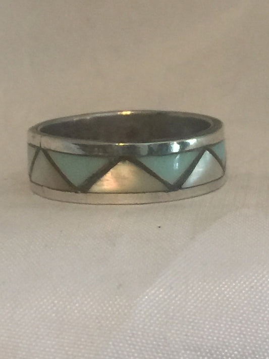 Vintage Sterling Silver Southwest Tribal Wedding Friendship Turquoise  MOP Ring  Size  7.75  3.7g