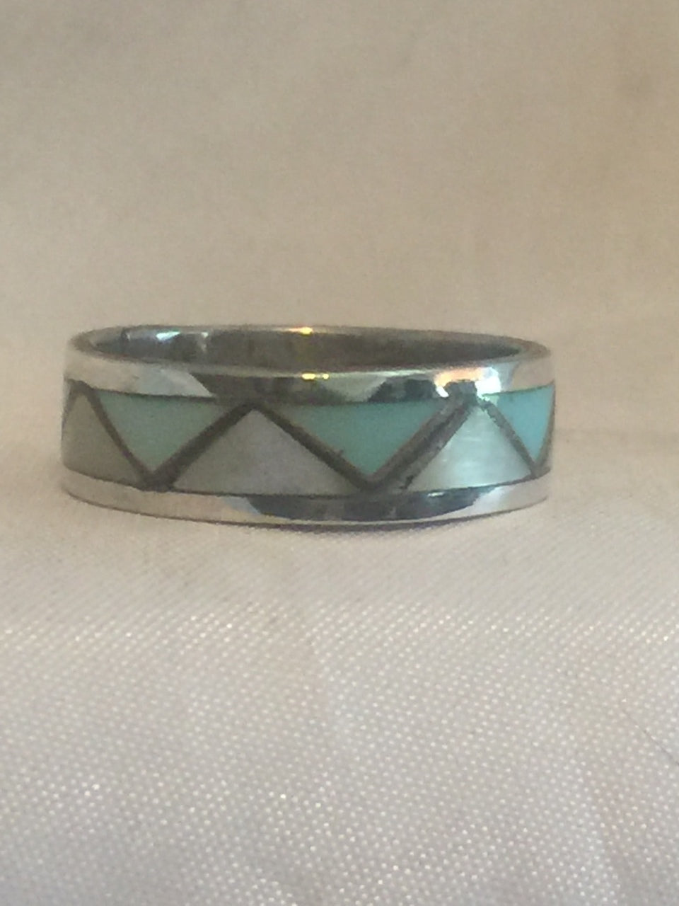 Vintage Sterling Silver Southwest Tribal Wedding Friendship Turquoise  MOP Ring  Size  7.75  3.7g