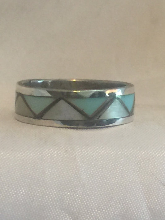 Vintage Sterling Silver Southwest Tribal Wedding Friendship Turquoise  MOP Ring  Size  7.75  3.7g
