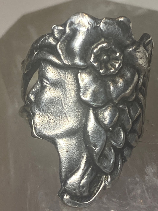 Lady face ring floral flowers band sterling silver women girls
