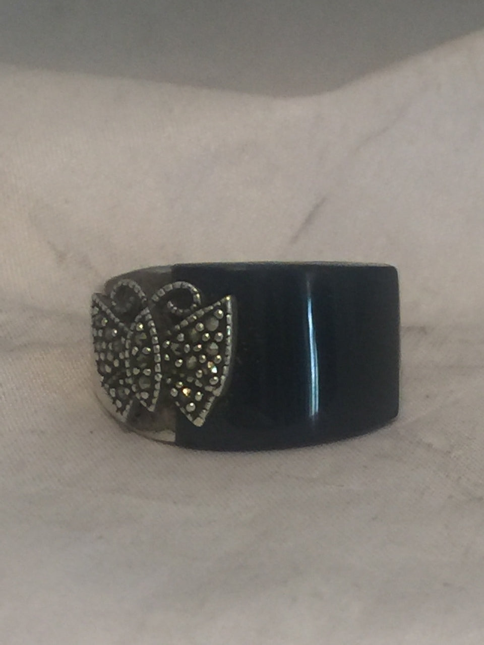 Vintage Sterling Silver Onyx & Marcasite Butterfly Band Size 7  11.2g