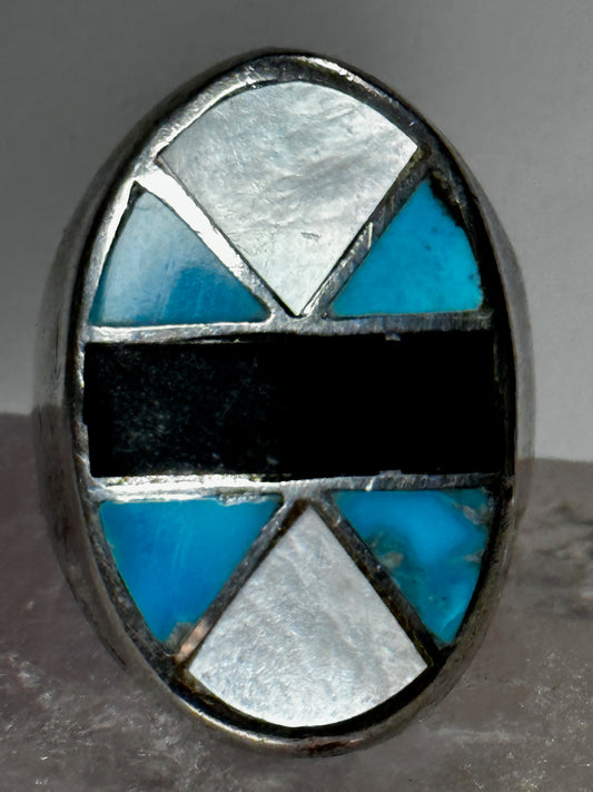 Navajo ring size 9 turquoise onyx mop southwest band sterling silver men