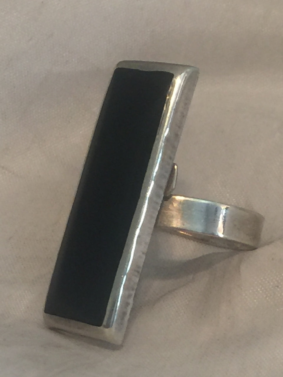 Vintage Sterling Silver Long Onyx Ring ADJ Size  7.5 - 10  4.3g  Mexico