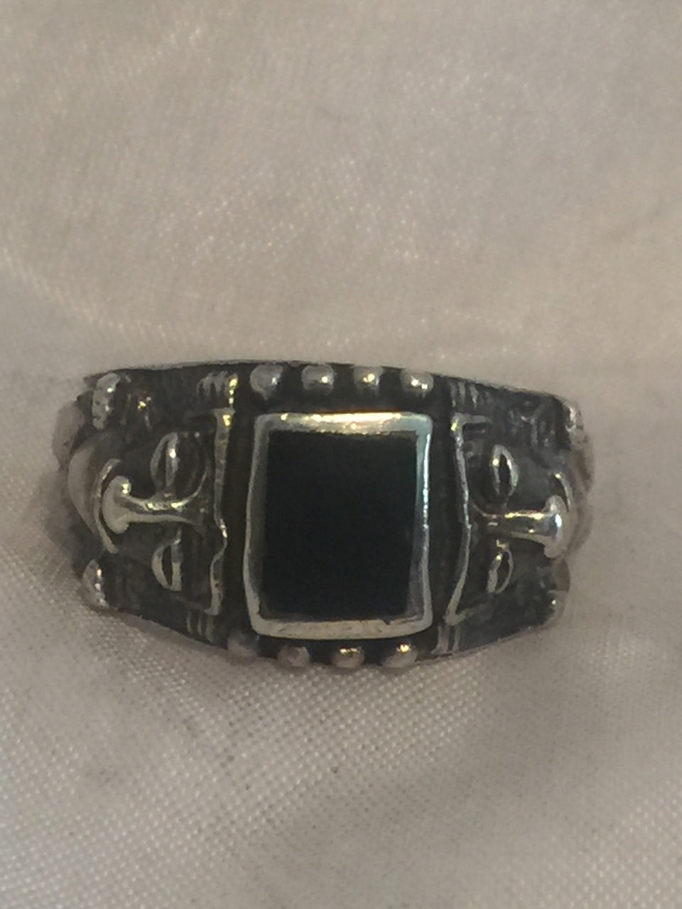 Vintage Sterling Silver Ring Onyx  Size 7  5.2g Mayan Aztec Figurative