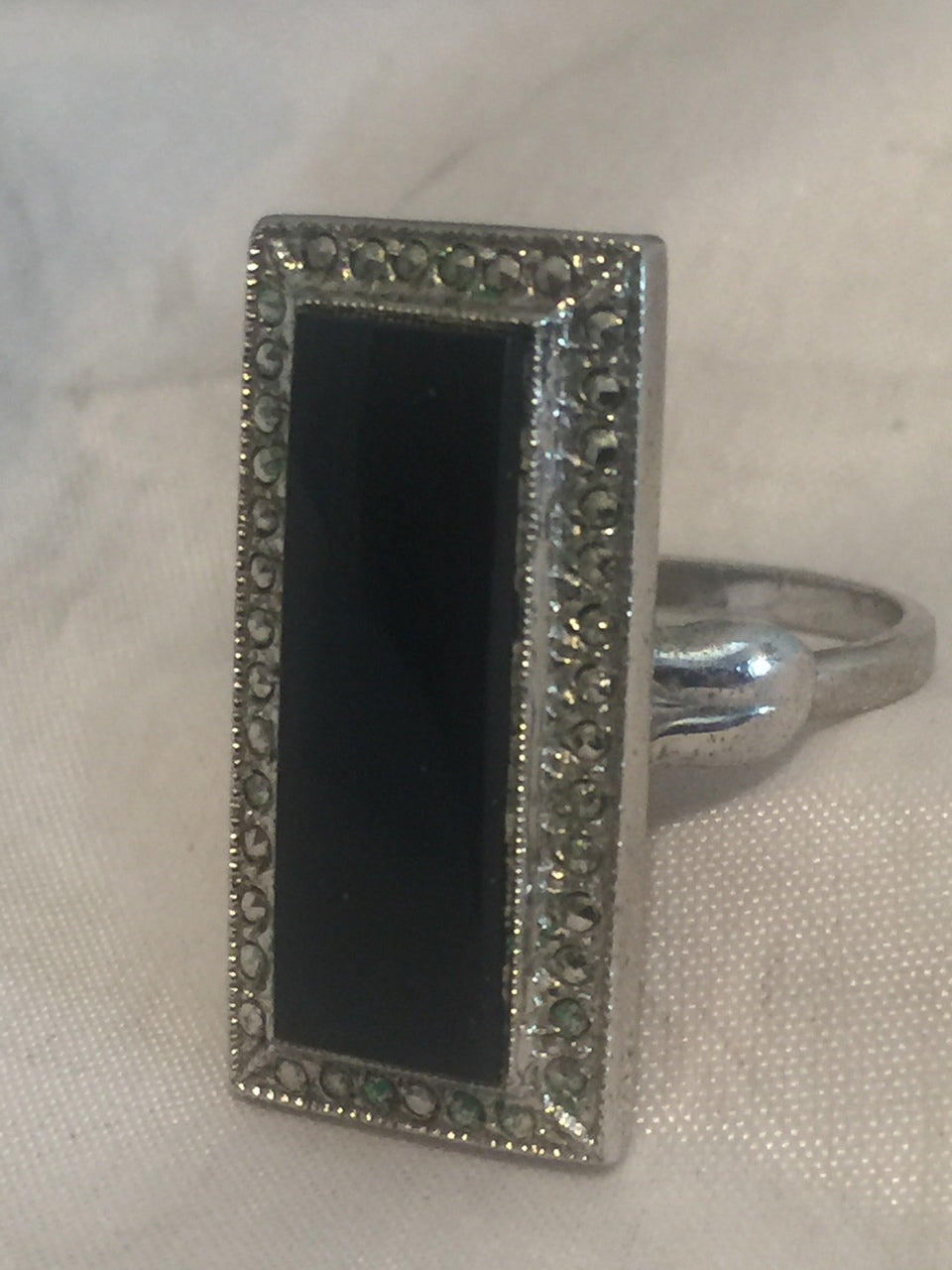 Vintage Sterling Silver Onyx  Marcasite Ring Adj Size 6.5 to 7  6.8g