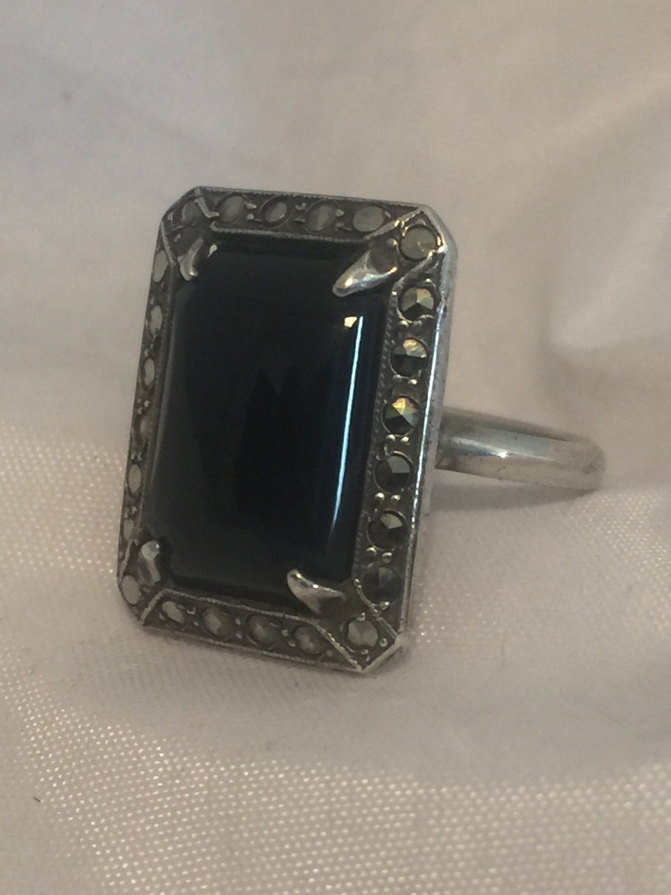 Vintage Sterling Silver Onyx Marcasite Art Deco Mourning Ring  Size 5.5  4g