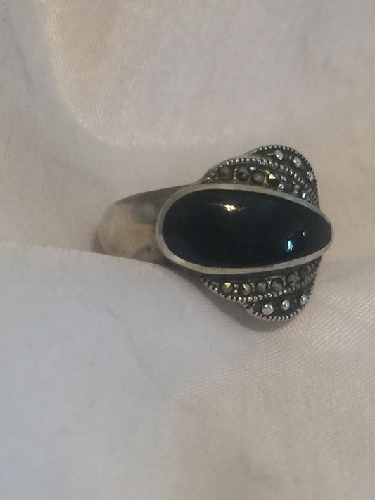 Vintage Sterling Silver Onyx &  Marcasites Band Ring Size 7 5.7g