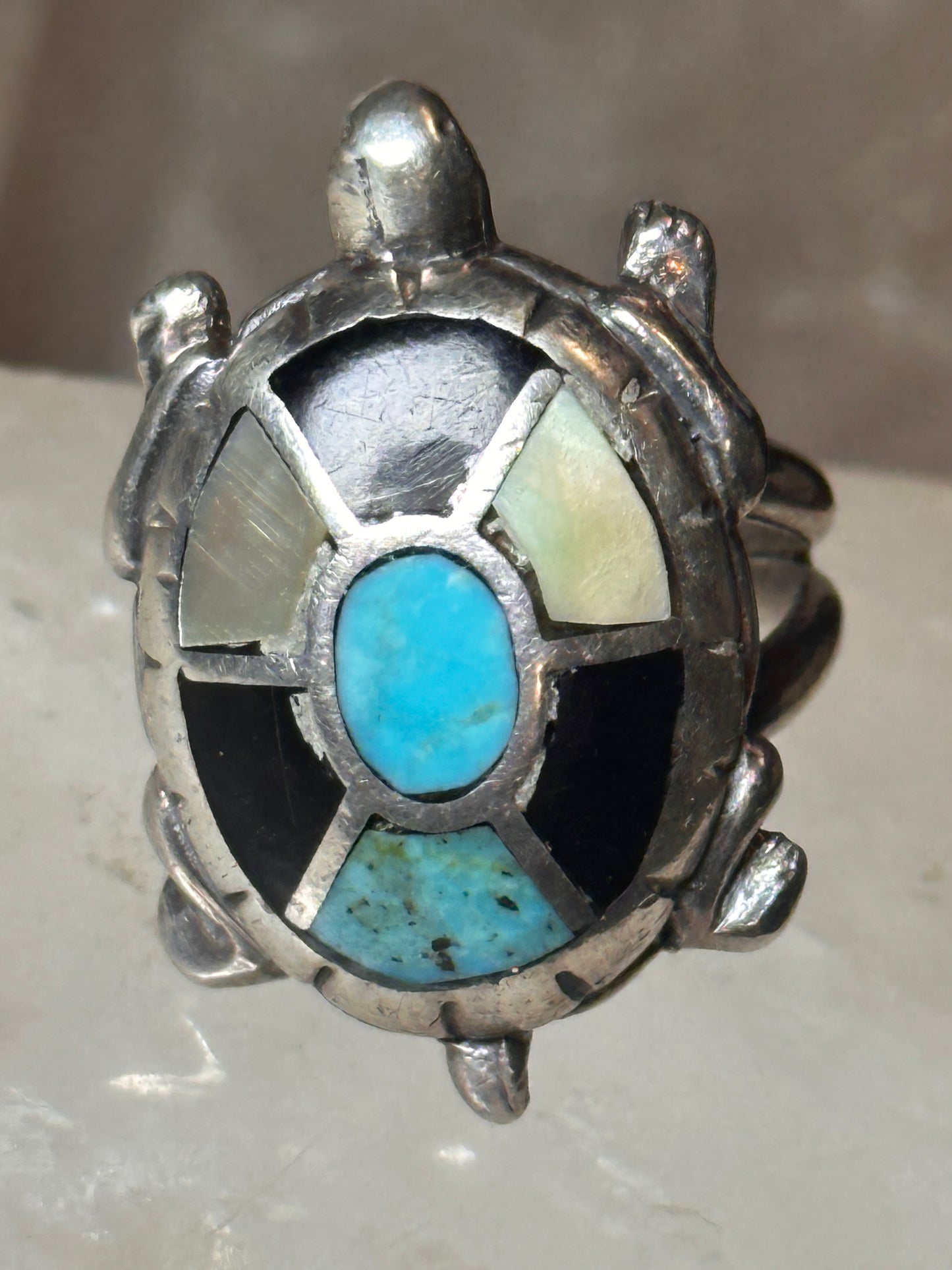 Turtle ring size 7.50 turquoise mop onyx band Navajo sterling silver women