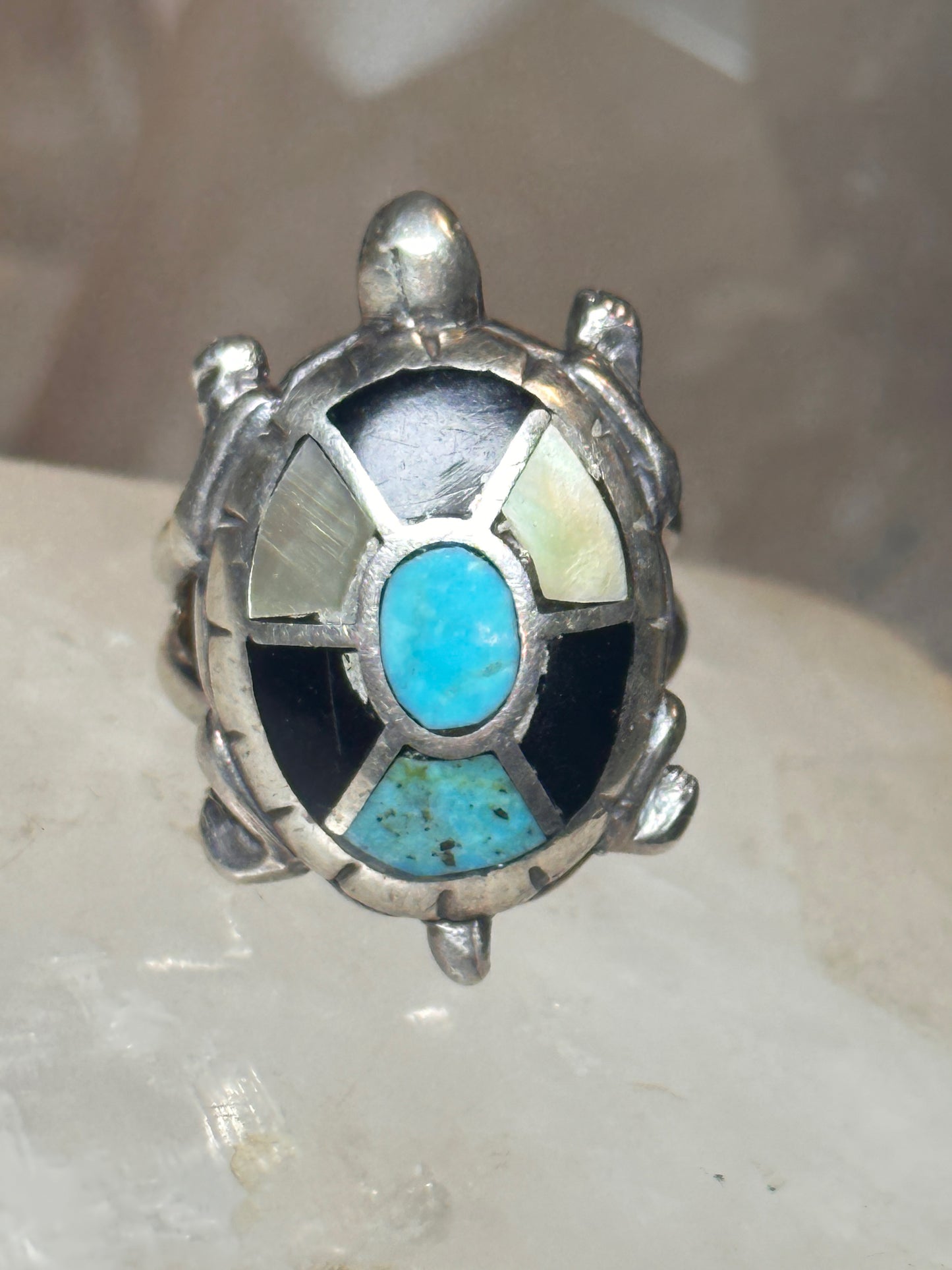 Turtle ring size 7.50 turquoise mop onyx band Navajo sterling silver women