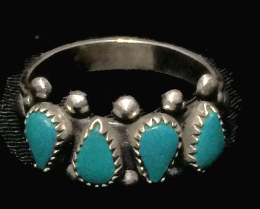 Zuni Ring Turquoise  Petite Point Sterling Silver Band Size 7.5