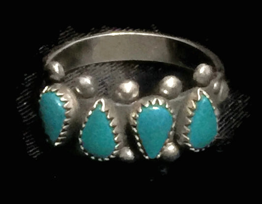 Zuni Ring Turquoise  Petite Point Sterling Silver Band Size 7.5