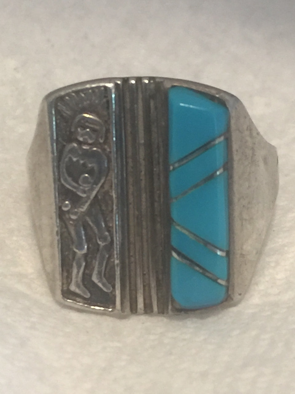 Vintage Sterling  Southwest Tribal Turquoise Kachina Dancer Ring   Size 10  10.4g