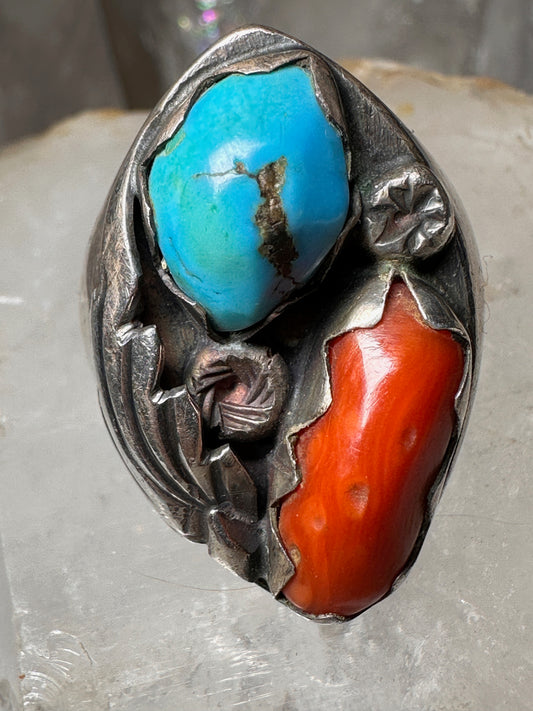 Navajo ring Heavy Turquoise Coral  size 10 sterling silver women men