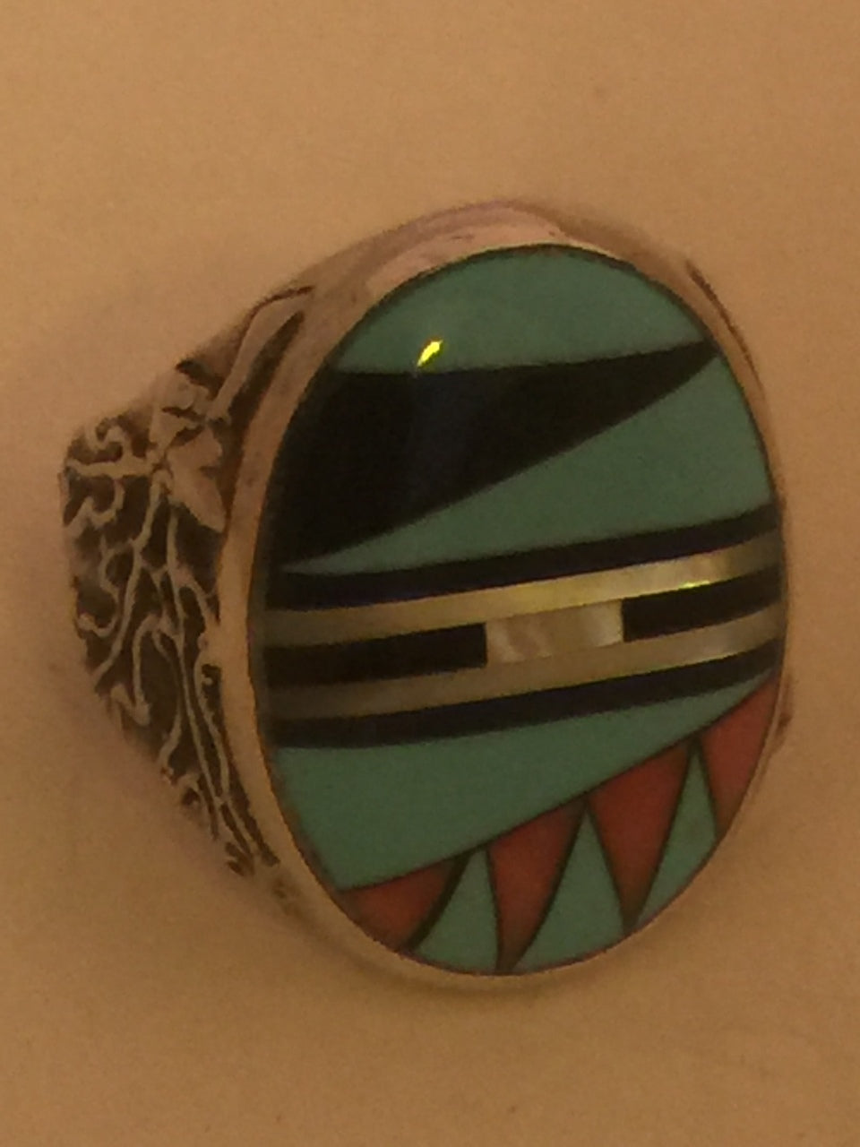Zuni Ring Sterling Silver Turquoise & Onyx Size 9.5