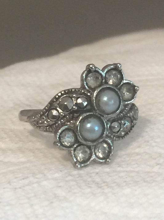Vintage Sterling Silver Pearls & Marcasites & CZ's Ring    Size   5.5    3.9g