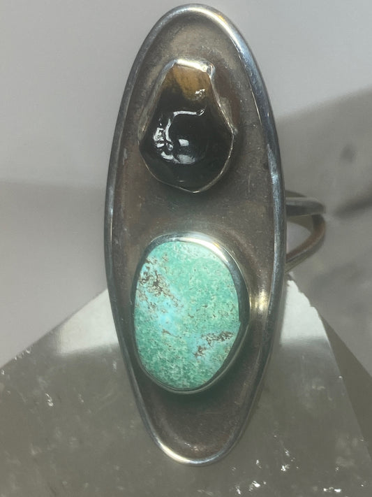 Turquoise ring shadow box long Navajo sterling silver women
