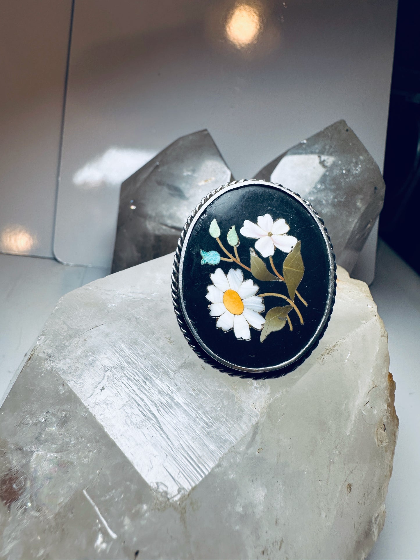 Pietra Dura Floral ring size 7.25 mop sterling silver women