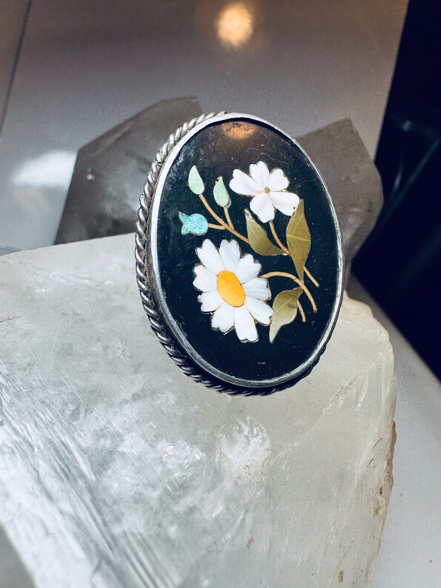 Pietra Dura Floral ring size 7.25 mop sterling silver women