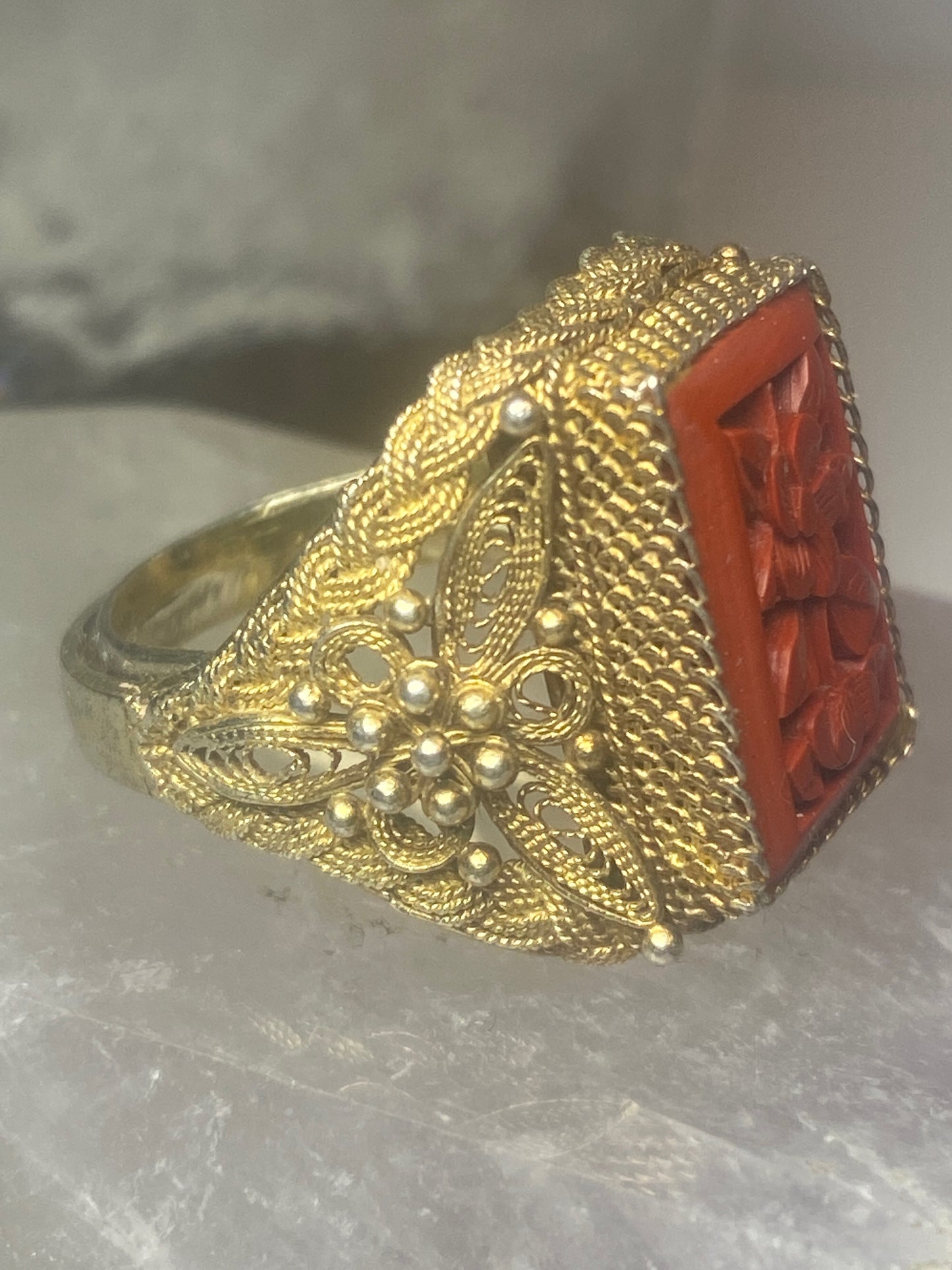 Cinnabar floral ring size 5.50 sterling silver  women