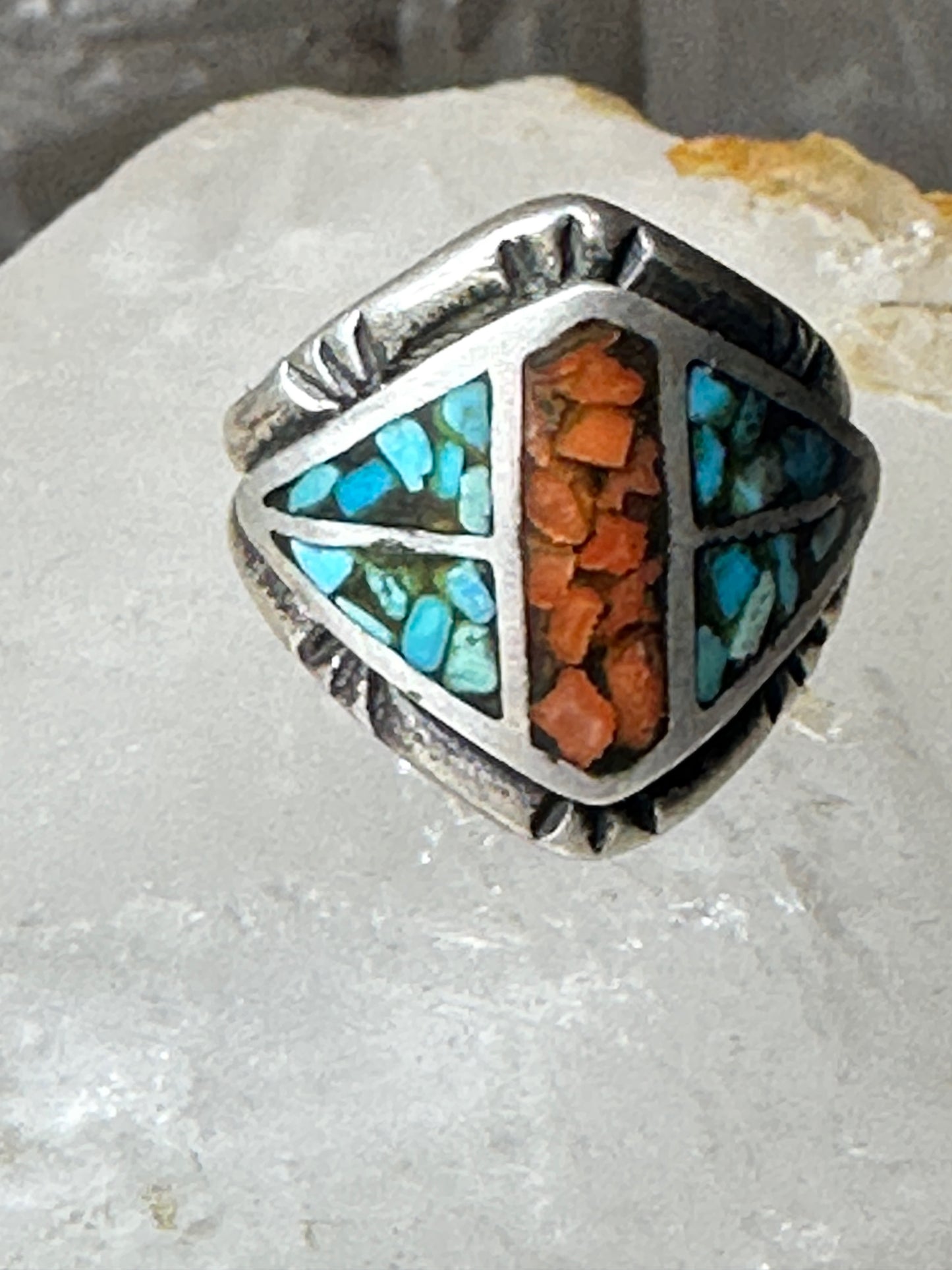 Cigar band ring size 4 pinky turquoise coral chips southwestern sterling silver women