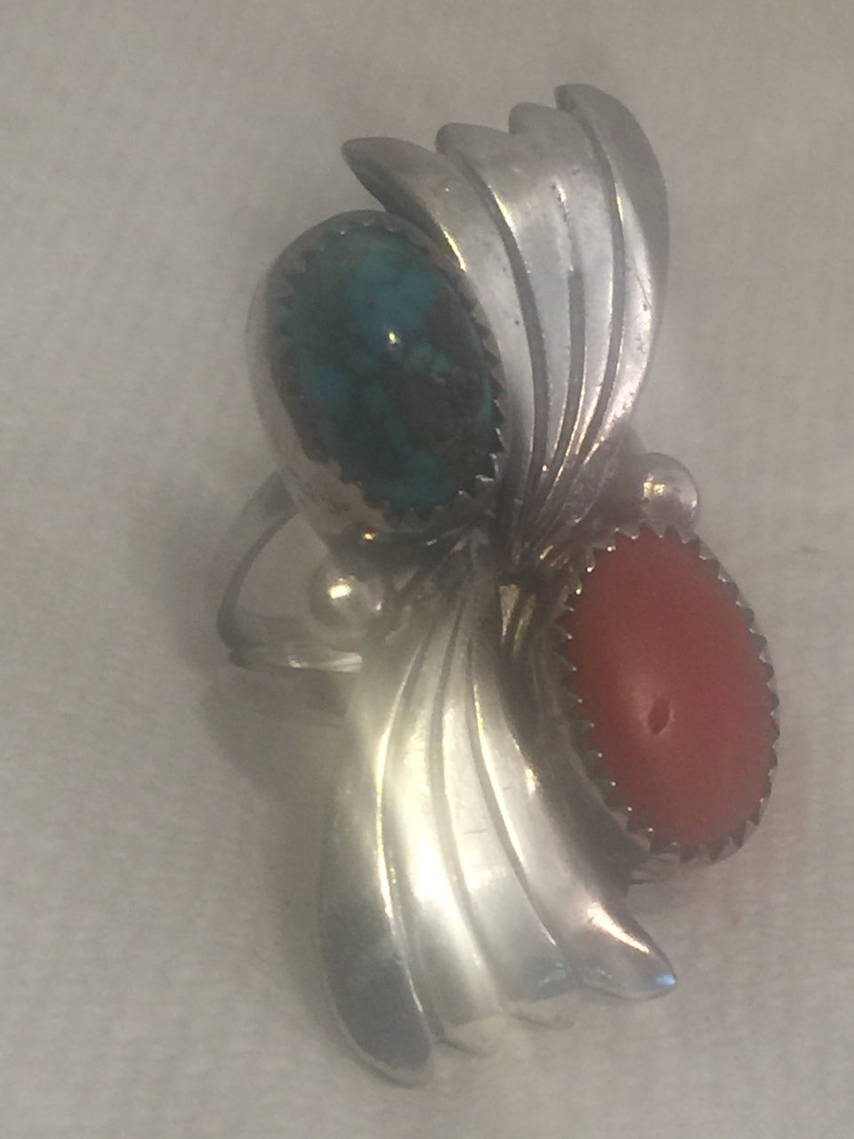 Vintage Sterling Silver Turquoise & Coral Ring Size 6.25    8.3g