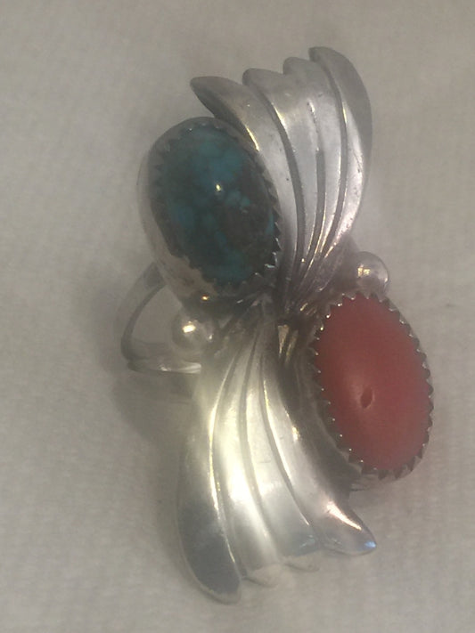 Vintage Sterling Silver Turquoise & Coral Ring Size 6.25    8.3g