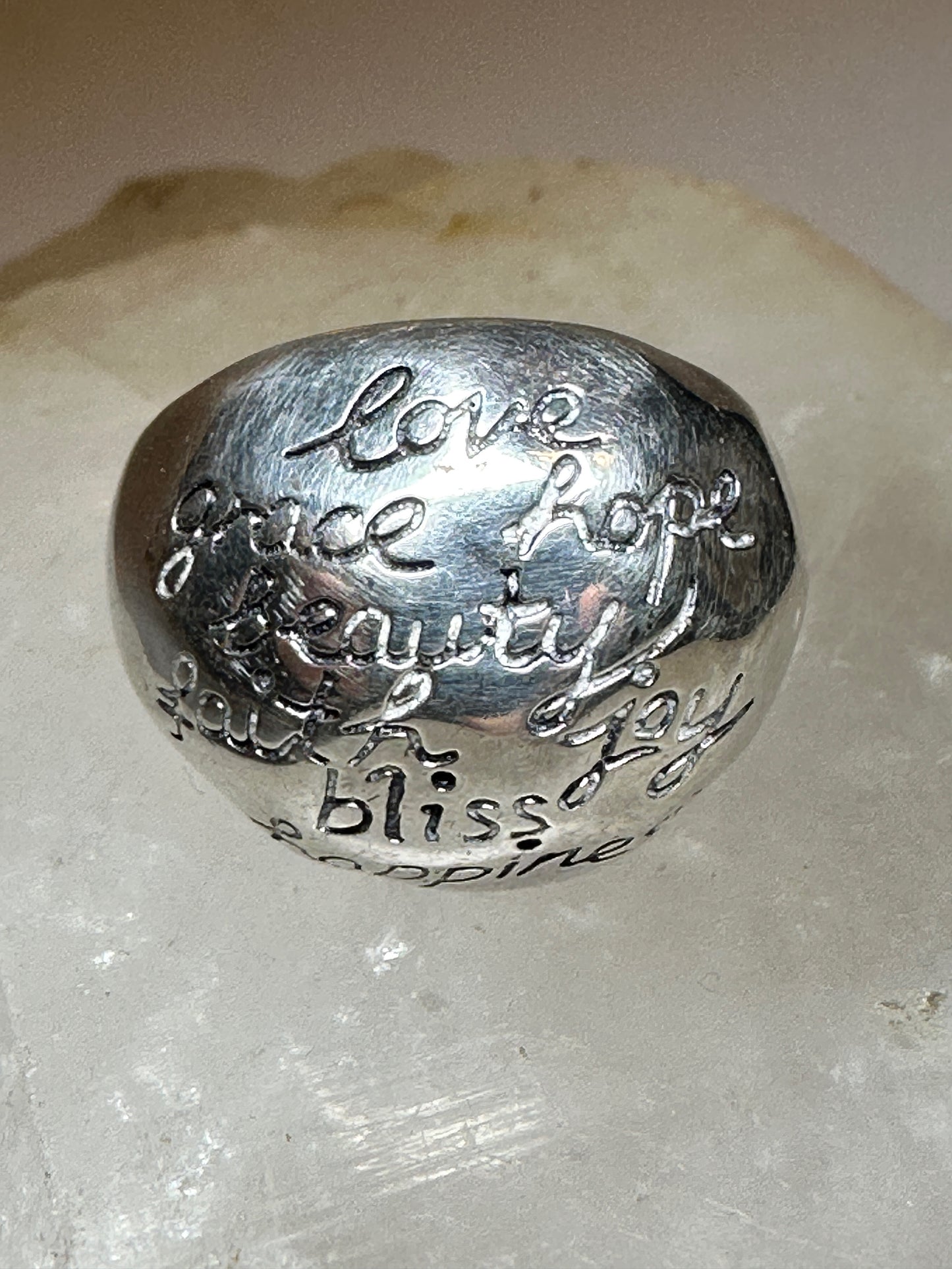 Happiness ring words love hope bliss joy grace beauty band size 8.75 sterling silver women