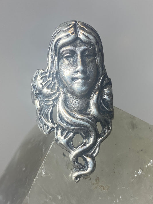 Face ring flowing hair Art Nouveau size 6  band sterling silver