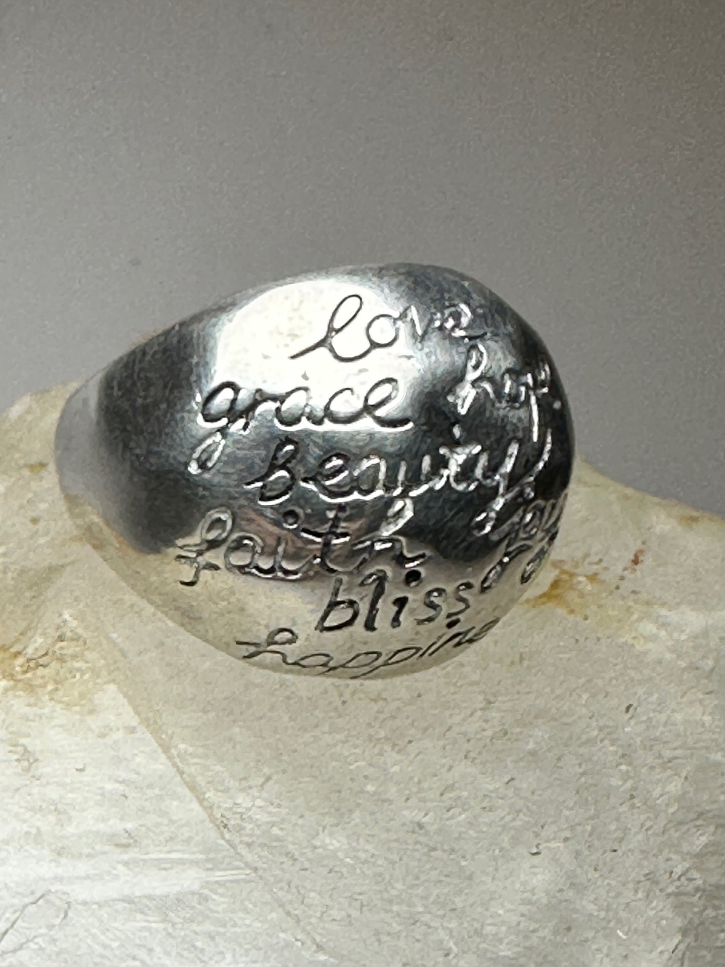 Happiness ring words love hope bliss joy grace beauty band size 8.75 sterling silver women