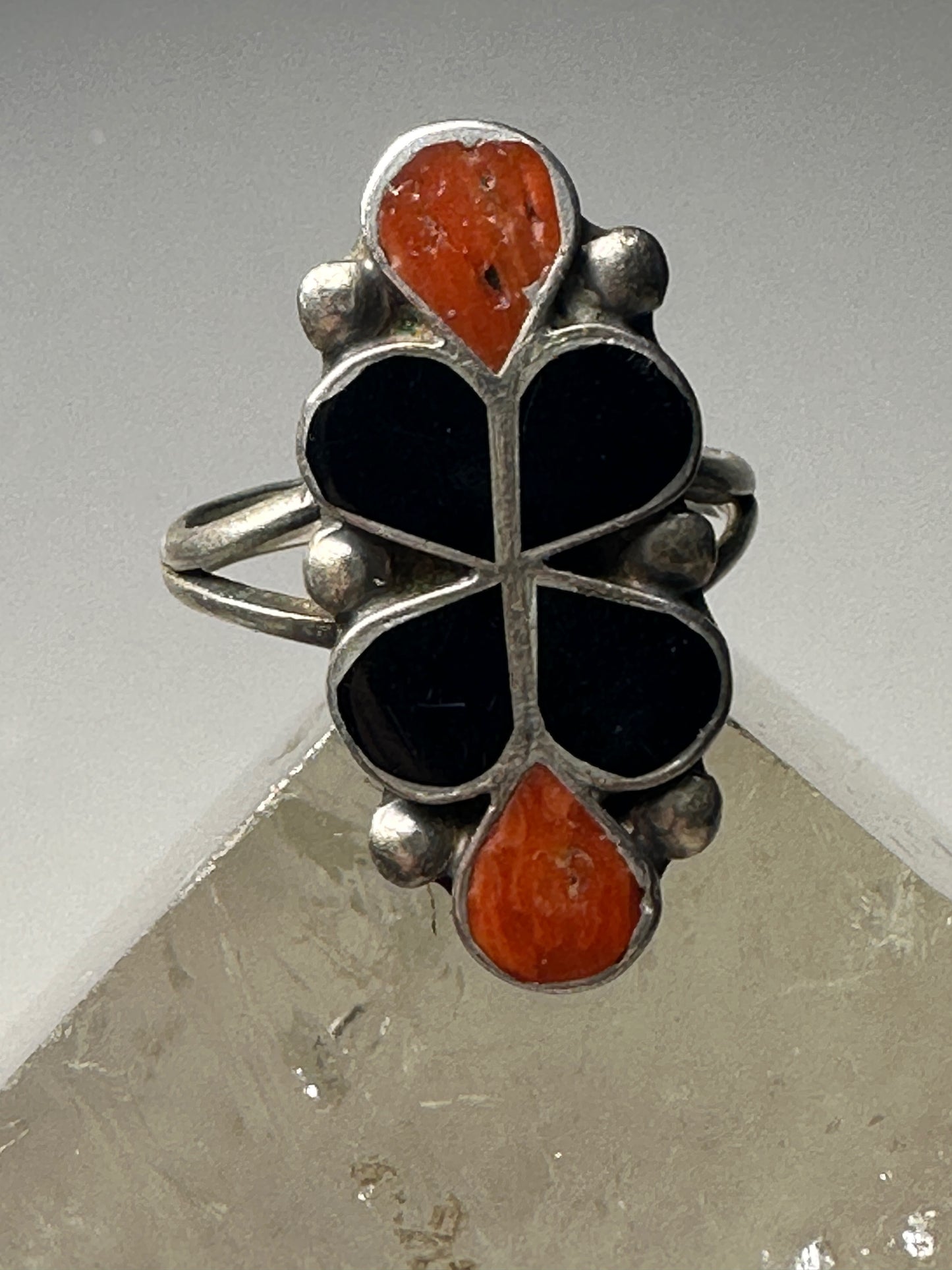 Long floral ring size 7.25 southwest onyx coral sterling silver women girls