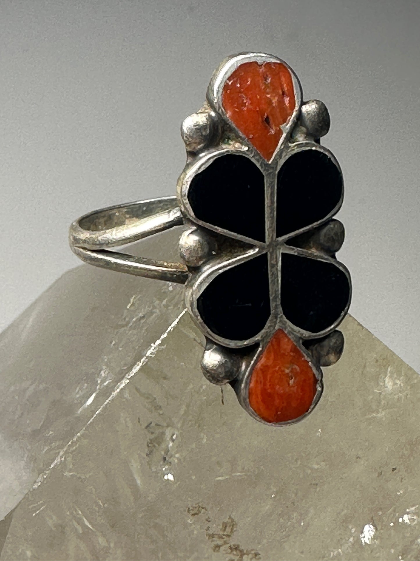 Long floral ring size 7.25 southwest onyx coral sterling silver women girls