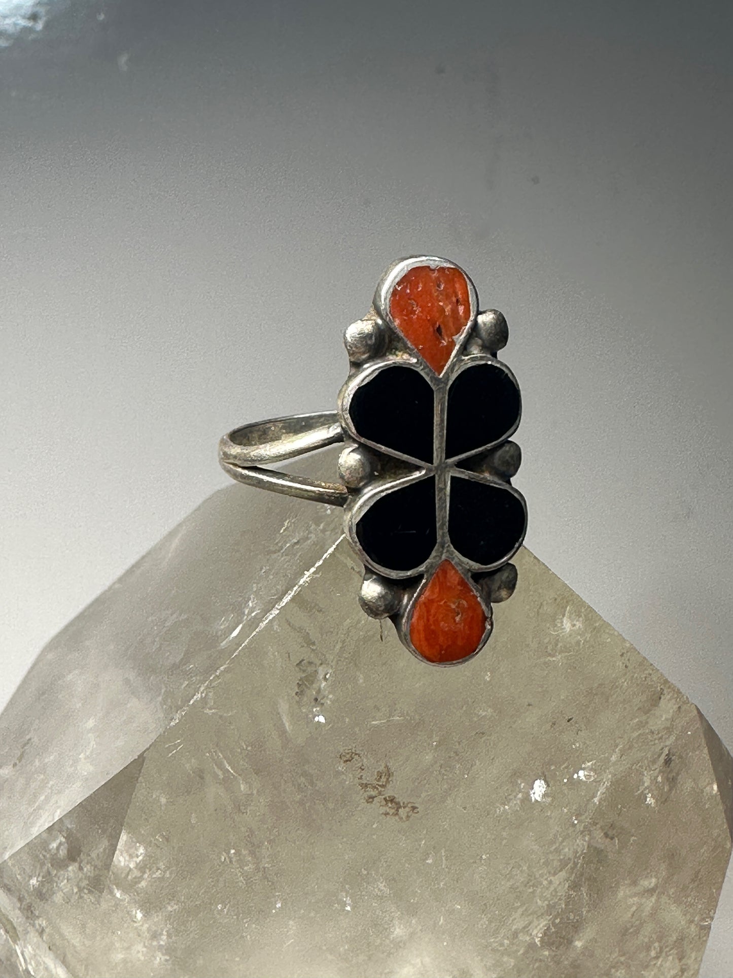 Long floral ring size 7.25 southwest onyx coral sterling silver women girls