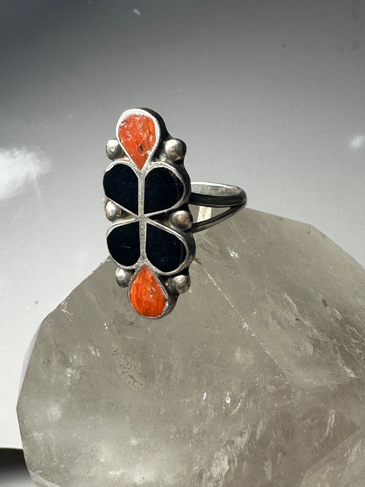 Long floral ring size 7.25 southwest onyx coral sterling silver women girls